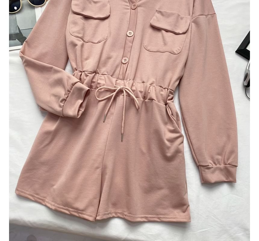 Long-Sleeve V-Neck Plain Button-Up Drawstring Romper mySite