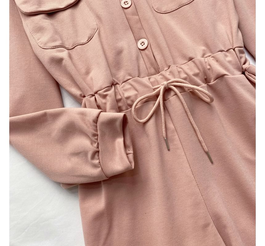 Long-Sleeve V-Neck Plain Button-Up Drawstring Romper mySite