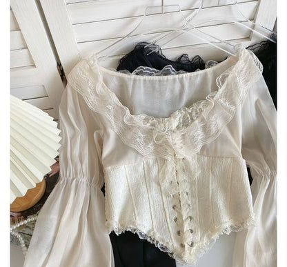 Puff-Sleeve Scoop Neck Lace Ruffle Lace-Up Crop Blouse mySite