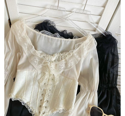 Puff-Sleeve Scoop Neck Lace Ruffle Lace-Up Crop Blouse mySite