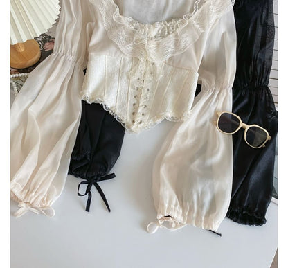 Puff-Sleeve Scoop Neck Lace Ruffle Lace-Up Crop Blouse mySite