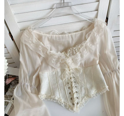 Puff-Sleeve Scoop Neck Lace Ruffle Lace-Up Crop Blouse mySite