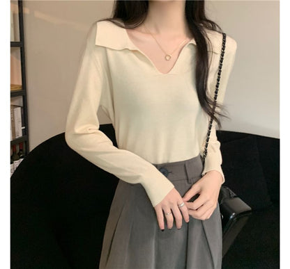 Long-Sleeve Collared Plain Knit Top SpreePicky