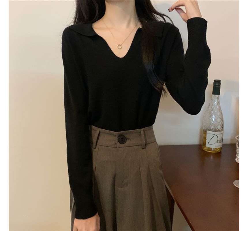 Long-Sleeve Collared Plain Knit Top SpreePicky