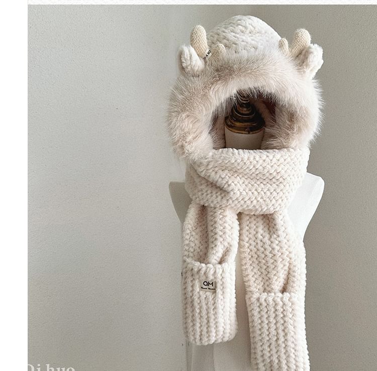 Deer Horn Chenille Knit Hooded Scarf with Mittens SpreePicky