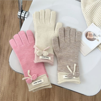 Lettering Applique Bow Knit Gloves SpreePicky