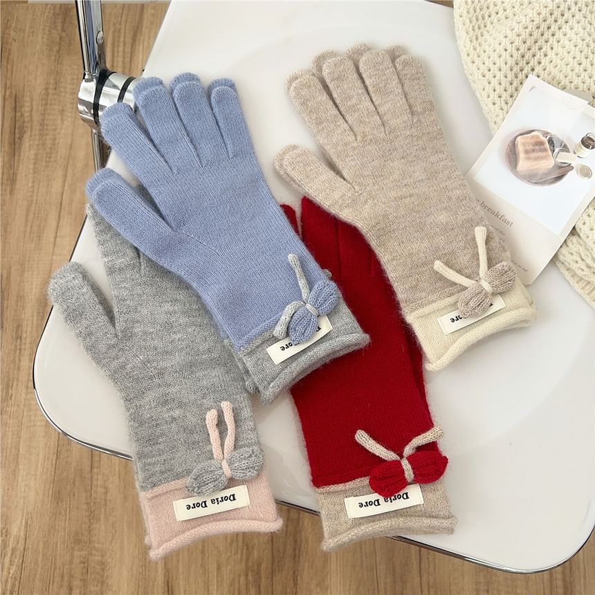 Lettering Applique Bow Knit Gloves SpreePicky