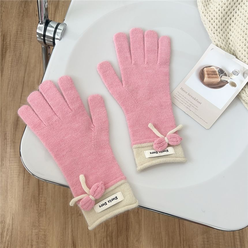 Lettering Applique Bow Knit Gloves SpreePicky