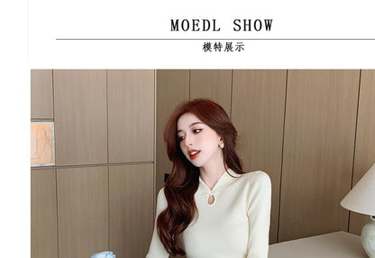 Long-Sleeve Stand Collar Plain Keyhole Ribbed Knit Midi Sheath Dress SpreePicky