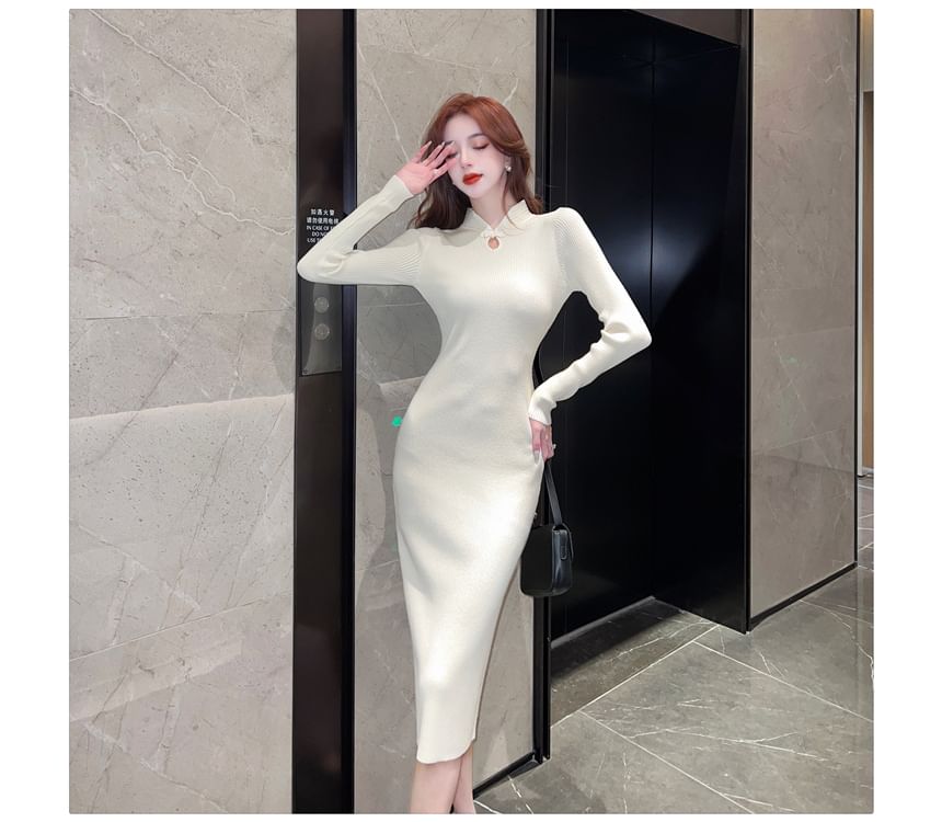 Long-Sleeve Stand Collar Plain Keyhole Ribbed Knit Midi Sheath Dress SpreePicky