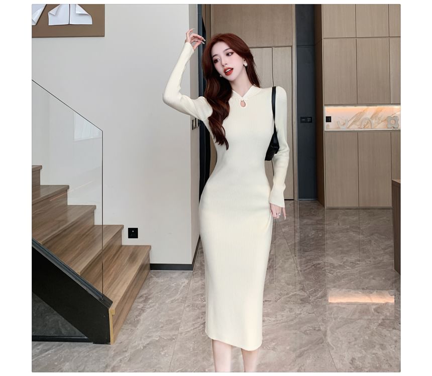 Long-Sleeve Stand Collar Plain Keyhole Ribbed Knit Midi Sheath Dress SpreePicky