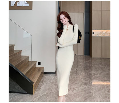 Long-Sleeve Stand Collar Plain Keyhole Ribbed Knit Midi Sheath Dress SpreePicky