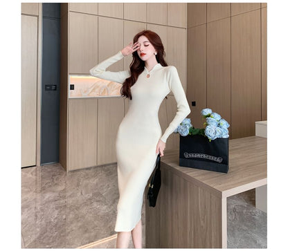 Long-Sleeve Stand Collar Plain Keyhole Ribbed Knit Midi Sheath Dress SpreePicky