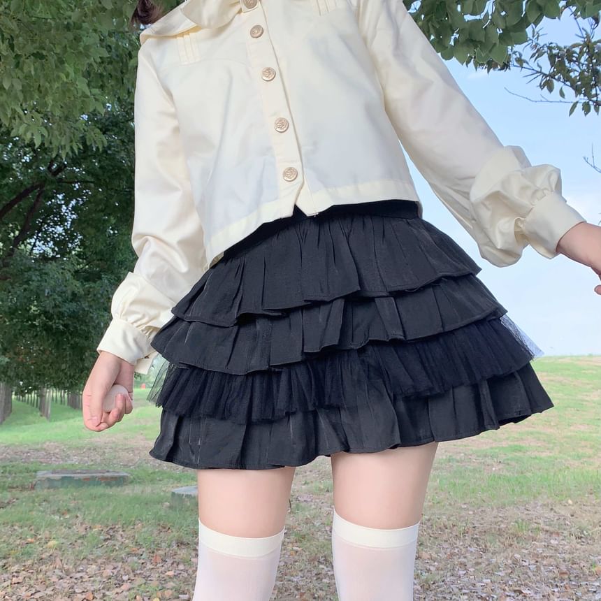 Mid Rise Plain Mini Tiered Skirt SpreePicky