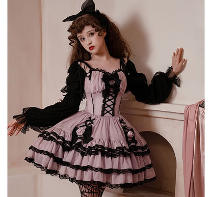 Lolita Long-Sleeve Square Neck Lace Trim Mini A-Line Dress / Crinoline / Set mySite