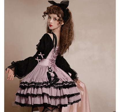 Lolita Long-Sleeve Square Neck Lace Trim Mini A-Line Dress / Crinoline / Set mySite