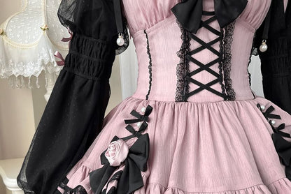 Lolita Long-Sleeve Square Neck Lace Trim Mini A-Line Dress / Crinoline / Set mySite