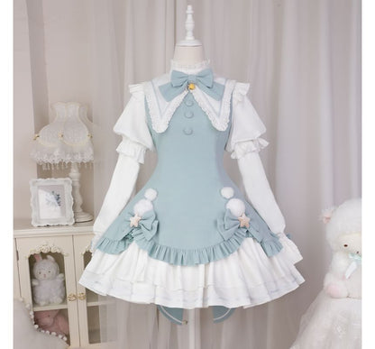 Lolita Long-Sleeve Collared Bow Lace Trim Mini A-Line Dress / Crinoline / Set mySite