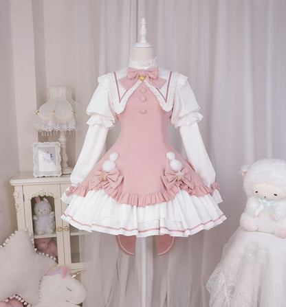 Lolita Long-Sleeve Collared Bow Lace Trim Mini A-Line Dress / Crinoline / Set mySite