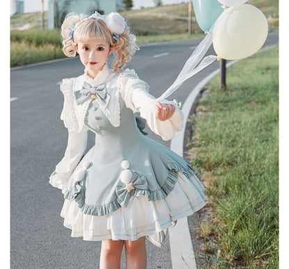 Lolita Long-Sleeve Collared Bow Lace Trim Mini A-Line Dress / Crinoline / Set mySite