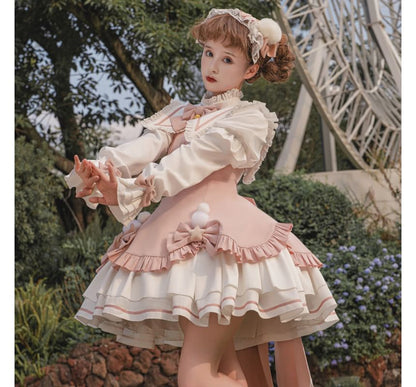 Lolita Long-Sleeve Collared Bow Lace Trim Mini A-Line Dress / Crinoline / Set mySite