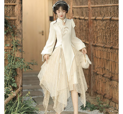 Lolita Long-Sleeve Embroidered Hanfu Blouse / Mid Rise Lace Midi A-Line Skirt / Set mySite