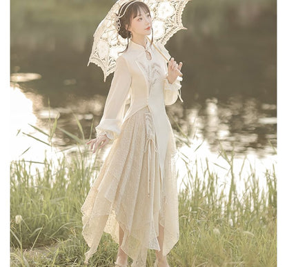 Lolita Long-Sleeve Embroidered Hanfu Blouse / Mid Rise Lace Midi A-Line Skirt / Set mySite