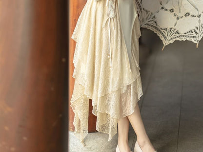 Lolita Long-Sleeve Embroidered Hanfu Blouse / Mid Rise Lace Midi A-Line Skirt / Set mySite