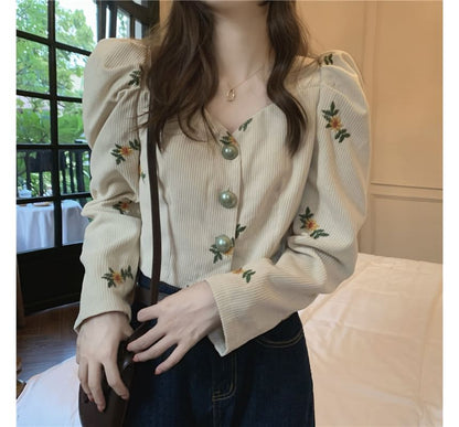 Puff-Sleeve Flower Embroidered Blouse SpreePicky