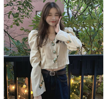 Puff-Sleeve Flower Embroidered Blouse SpreePicky