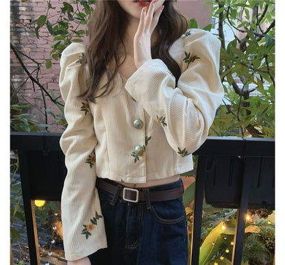 Puff-Sleeve Flower Embroidered Blouse SpreePicky