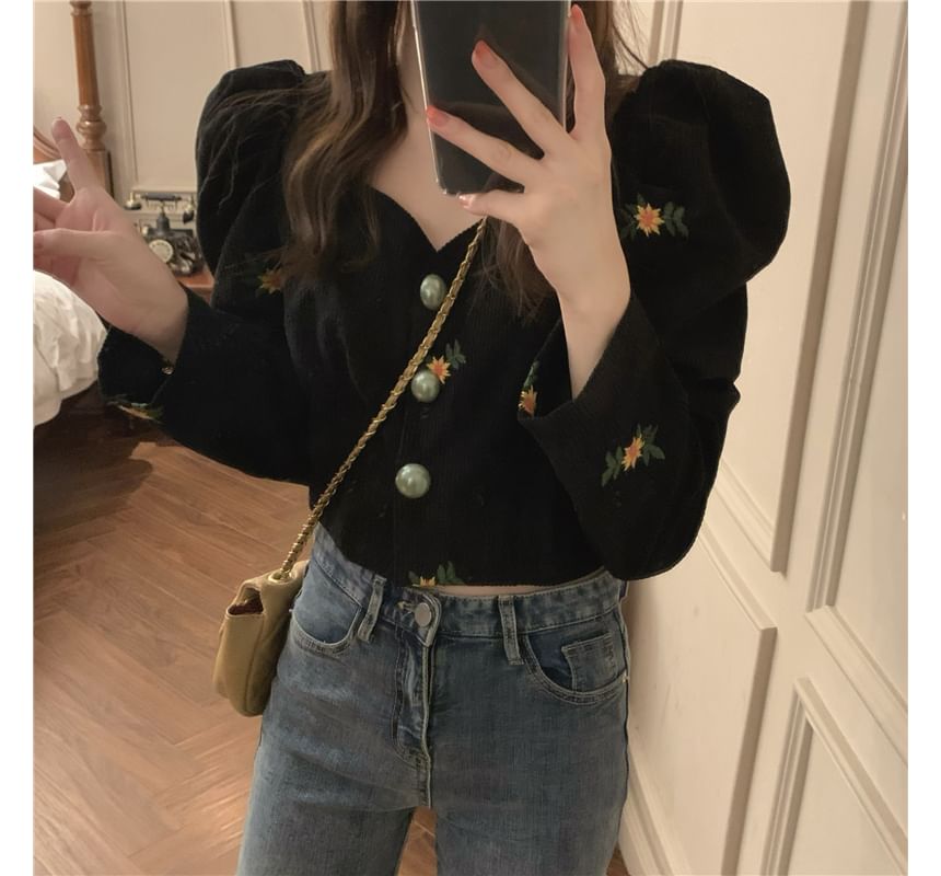 Puff-Sleeve Flower Embroidered Blouse SpreePicky