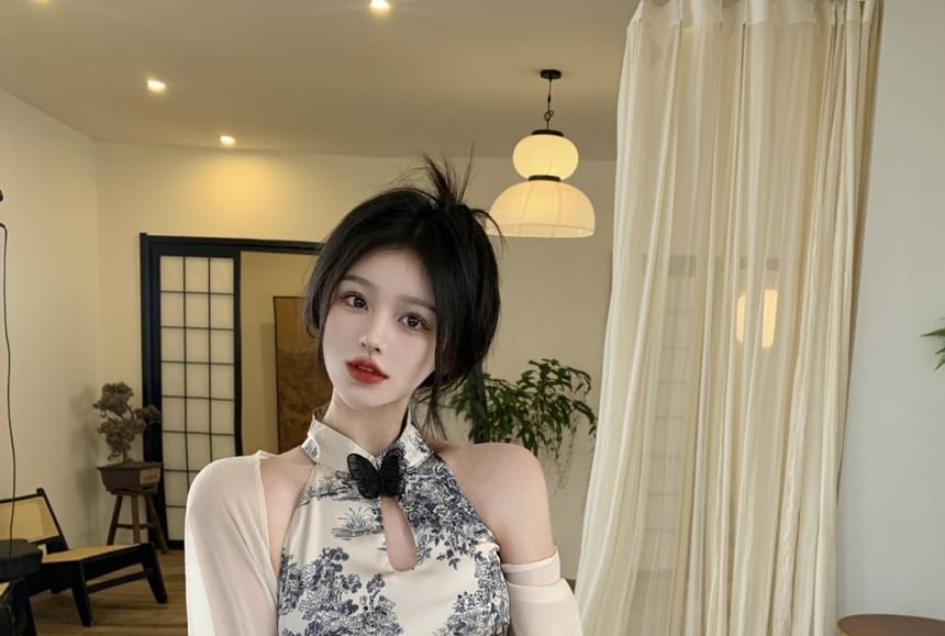 Halter Neck Floral Midi Qipao / Shrug / Set SpreePicky