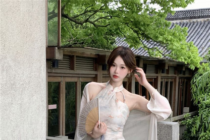 Halter Neck Floral Midi Qipao / Long Light Jacket / Set SpreePicky