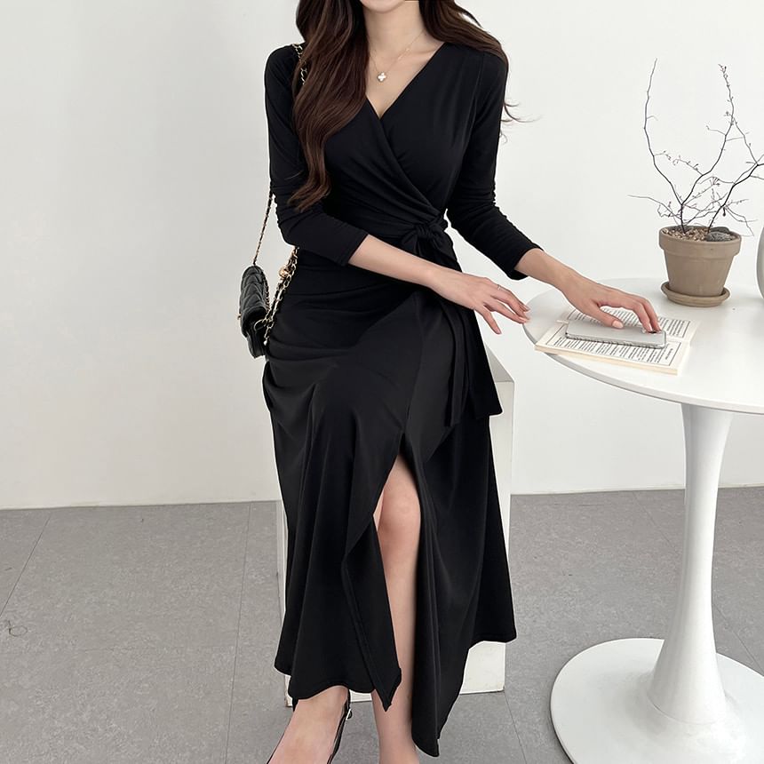 Long-Sleeve V-Neck Plain Wrap Tie-Front Slit Midi A-Line Dress SpreePicky