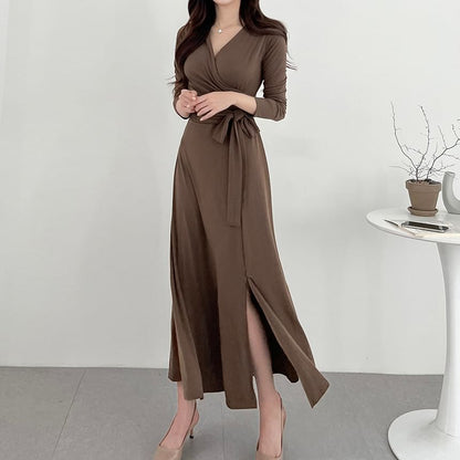 Long-Sleeve V-Neck Plain Wrap Tie-Front Slit Midi A-Line Dress SpreePicky