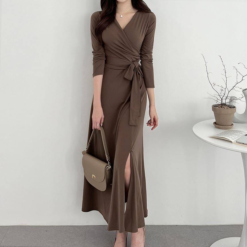 Long-Sleeve V-Neck Plain Wrap Tie-Front Slit Midi A-Line Dress SpreePicky