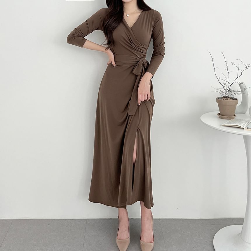 Long-Sleeve V-Neck Plain Wrap Tie-Front Slit Midi A-Line Dress SpreePicky