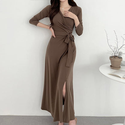 Long-Sleeve V-Neck Plain Wrap Tie-Front Slit Midi A-Line Dress SpreePicky