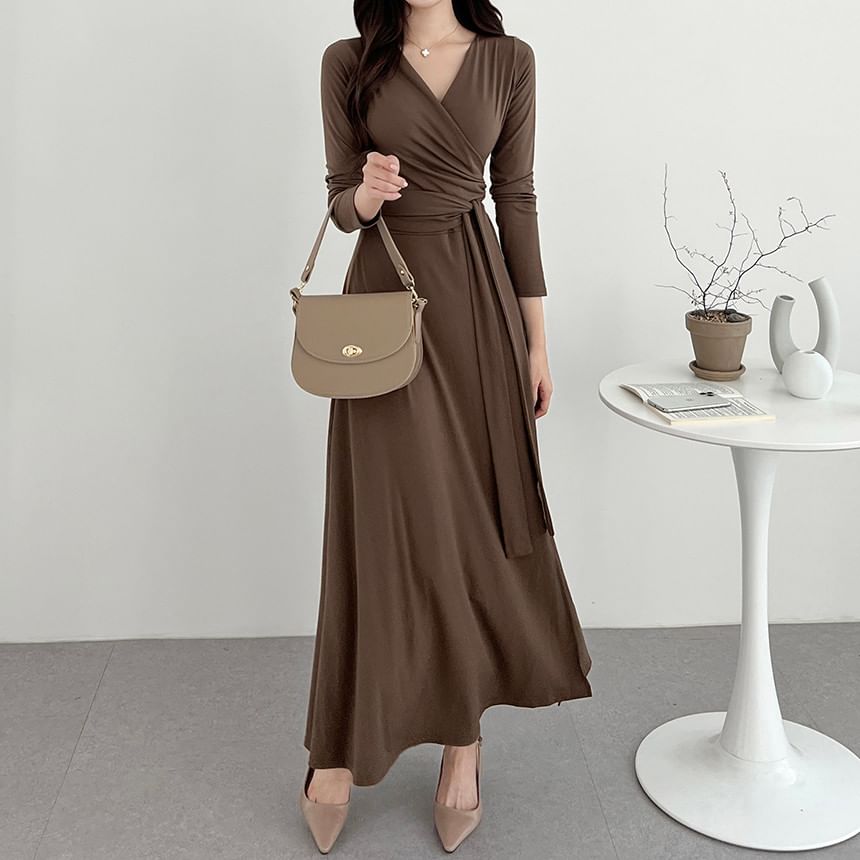 Long-Sleeve V-Neck Plain Wrap Tie-Front Slit Midi A-Line Dress SpreePicky