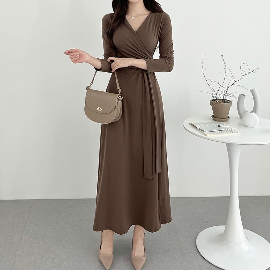 Long-Sleeve V-Neck Plain Wrap Tie-Front Slit Midi A-Line Dress SpreePicky