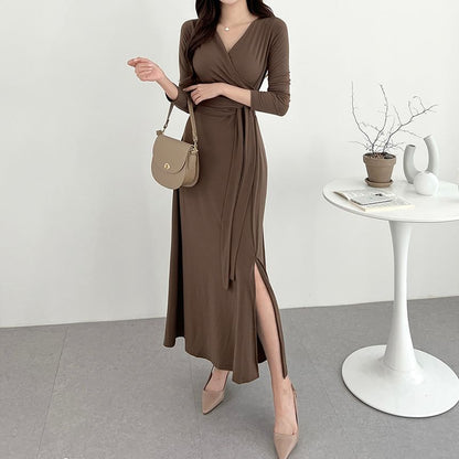 Long-Sleeve V-Neck Plain Wrap Tie-Front Slit Midi A-Line Dress SpreePicky