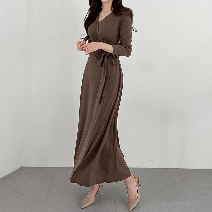 Long-Sleeve V-Neck Plain Wrap Tie-Front Slit Midi A-Line Dress SpreePicky