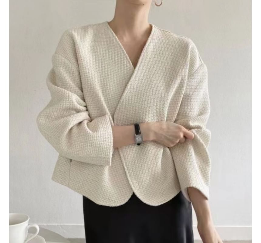 V-Neck Tweed Open Front Jacket SpreePicky