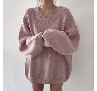 Long-Sleeve V-Neck Plain Sweater SpreePicky