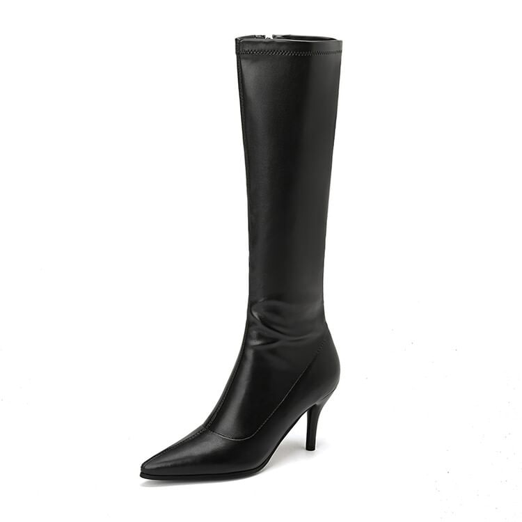 Stiletto Pointed Toe Plain Faux Leather Tall Boots SpreePicky