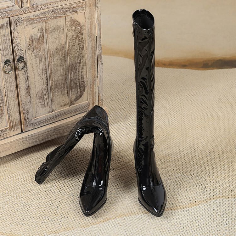 Stiletto Pointed Toe Plain Faux Leather Tall Boots SpreePicky