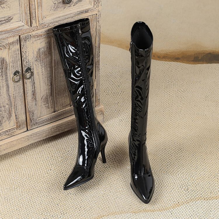 Stiletto Pointed Toe Plain Faux Leather Tall Boots SpreePicky