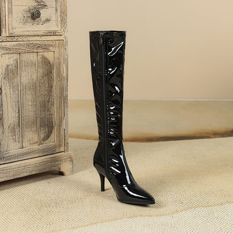 Stiletto Pointed Toe Plain Faux Leather Tall Boots SpreePicky