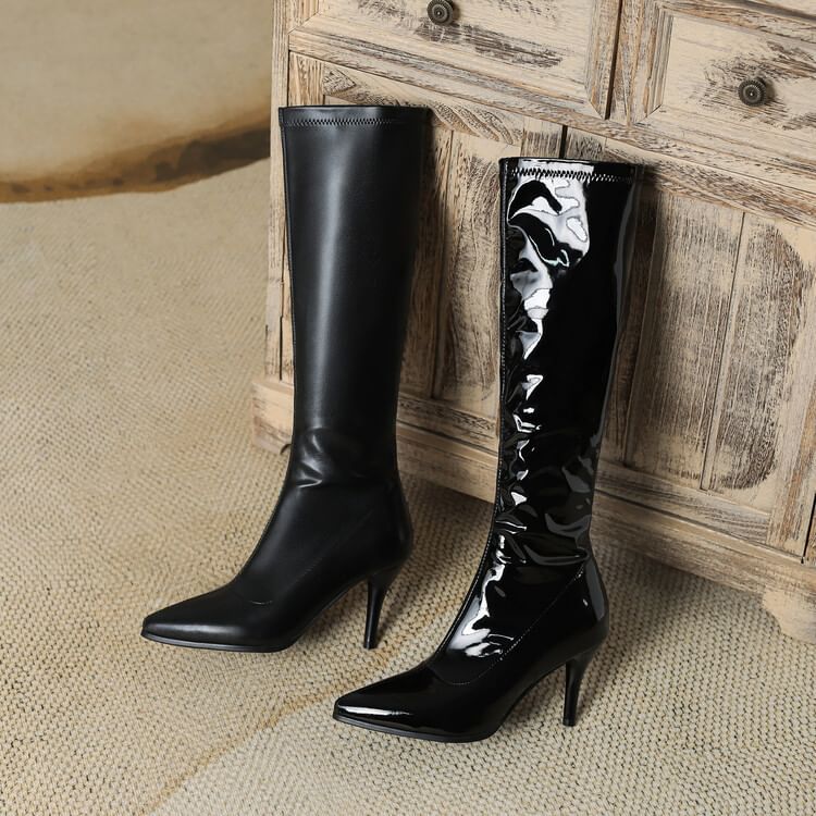 Stiletto Pointed Toe Plain Faux Leather Tall Boots SpreePicky